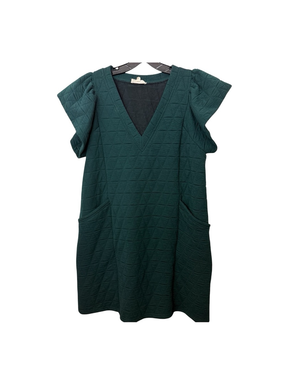 Entro Quilted Dress Sz Large Green Short Sleeve V Neck Pockets Casual Comfy